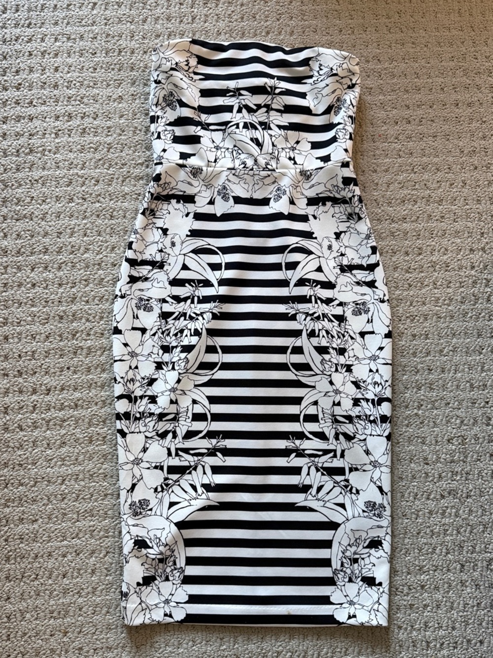 Express Strapless Black & White Floral Stripe Bodycon Dress